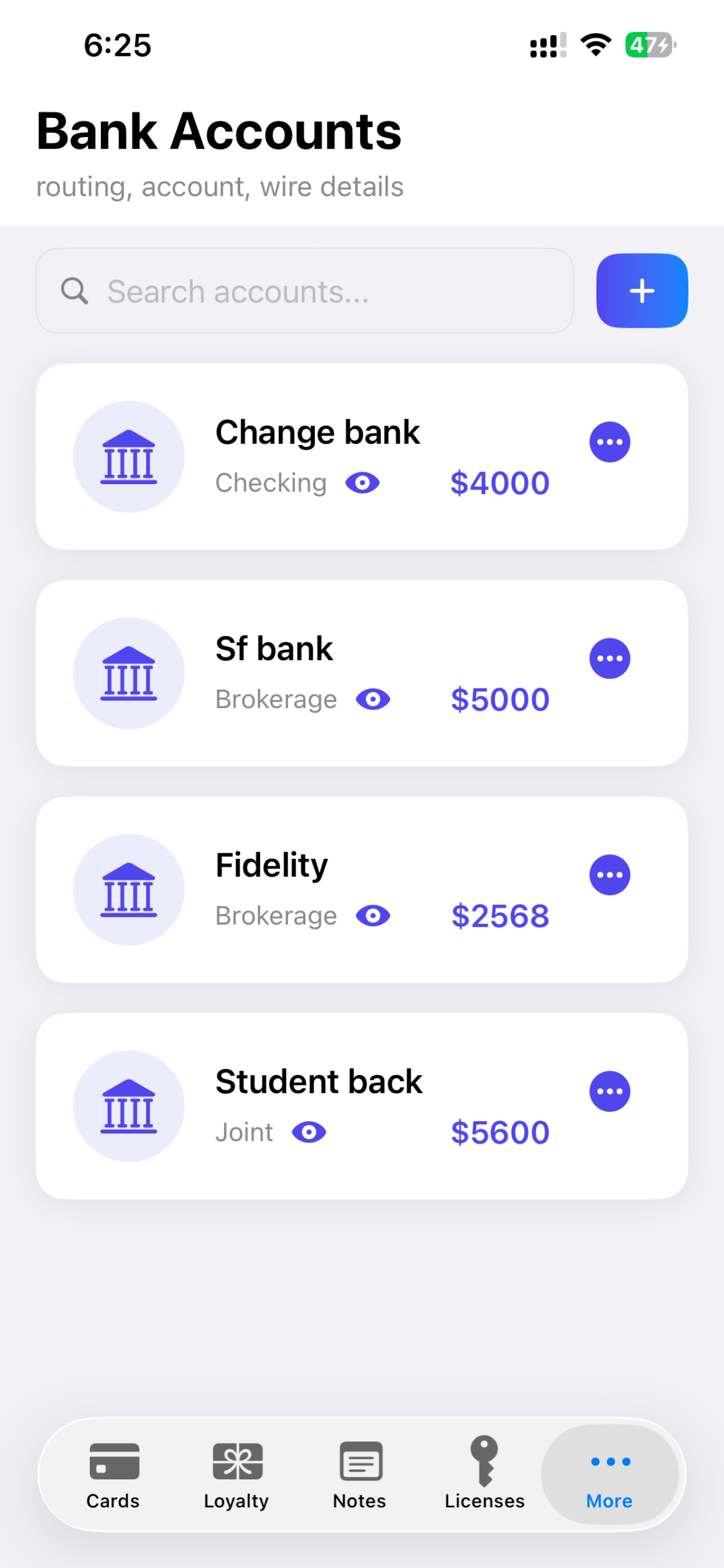 CybaWallet Accounts screen
