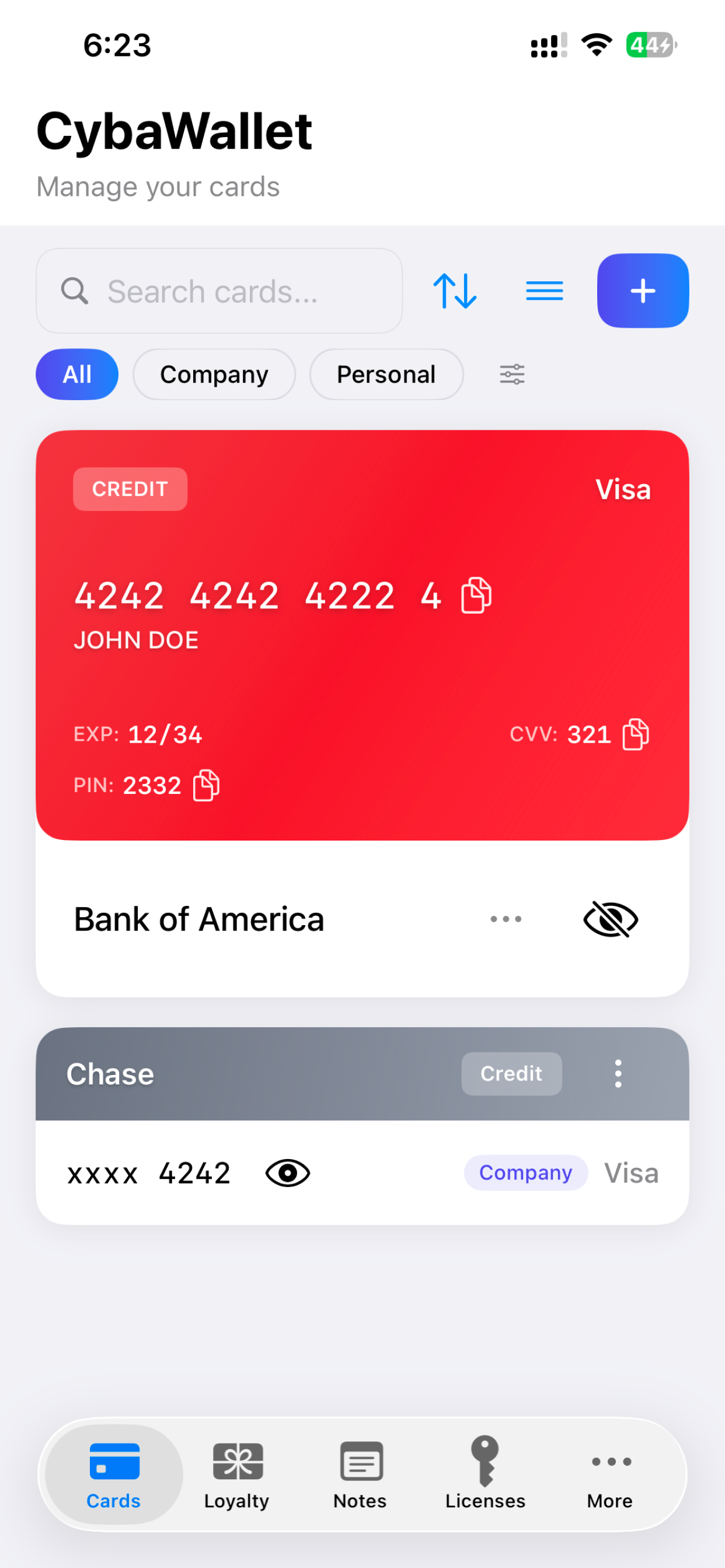 CybaWallet Cards screen