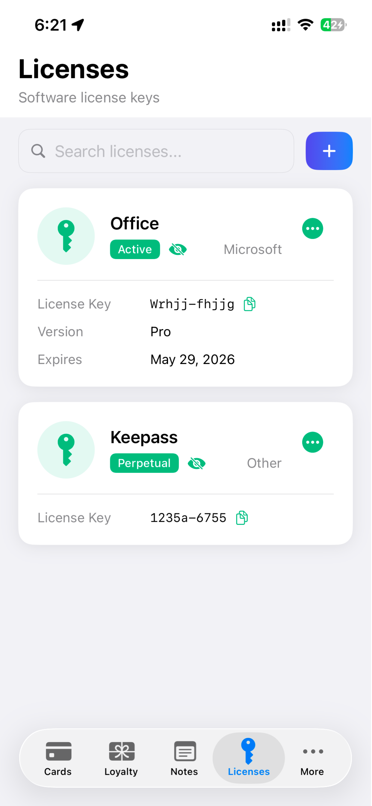 CybaWallet Licenses screen