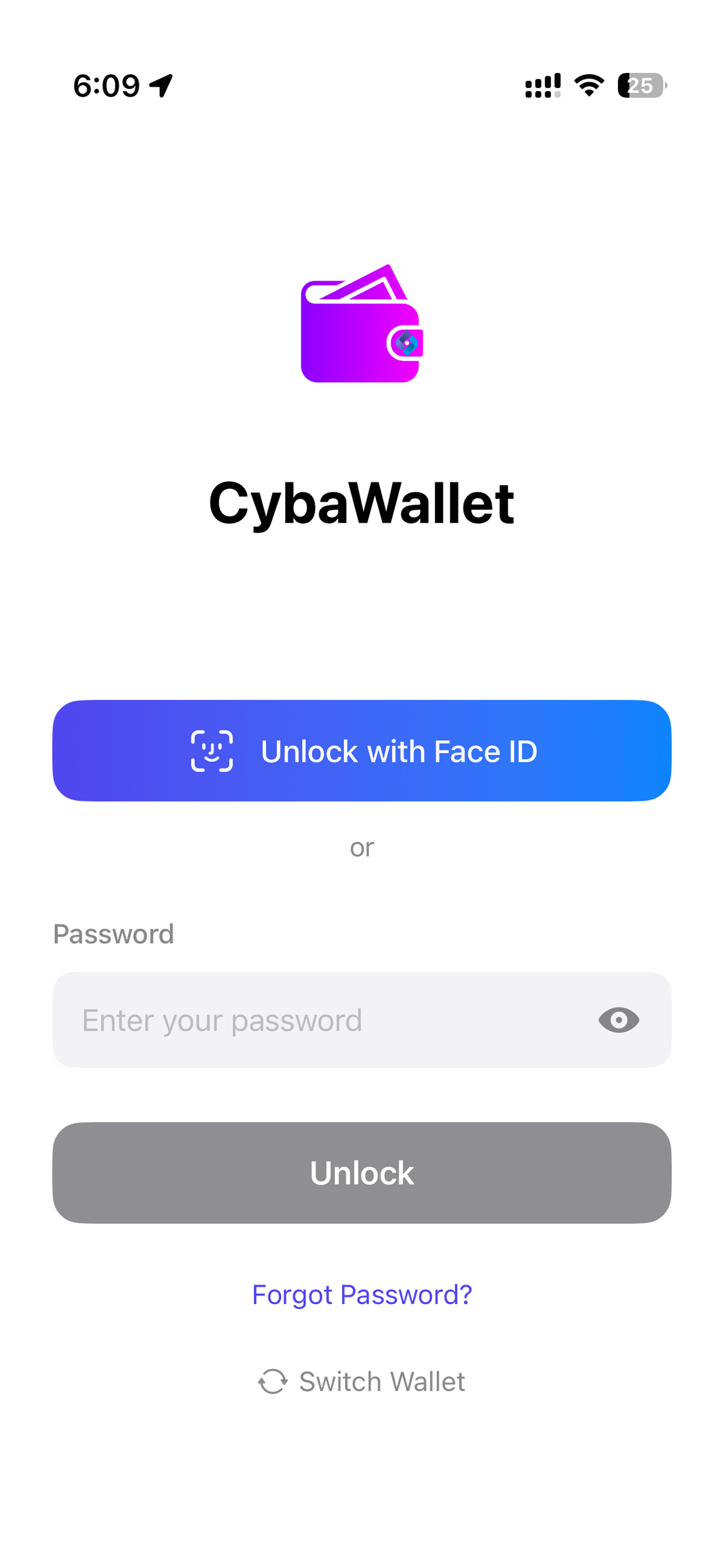 CybaWallet biometric login screen