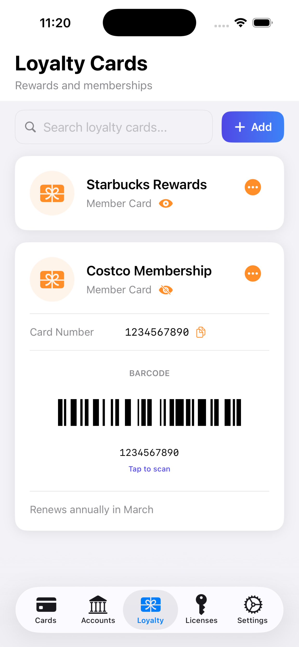 CybaWallet Loyalty screen