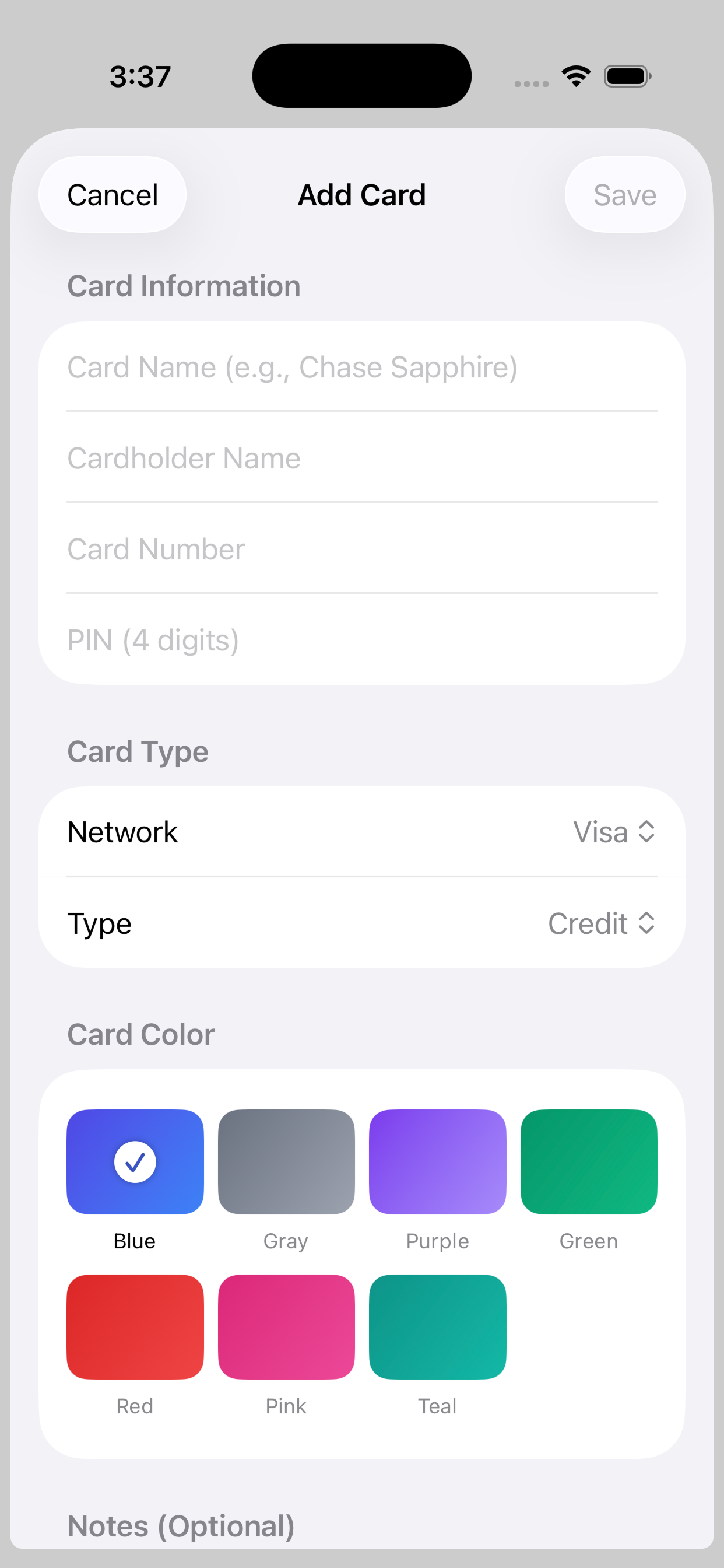 CybaWallet Add Card screen