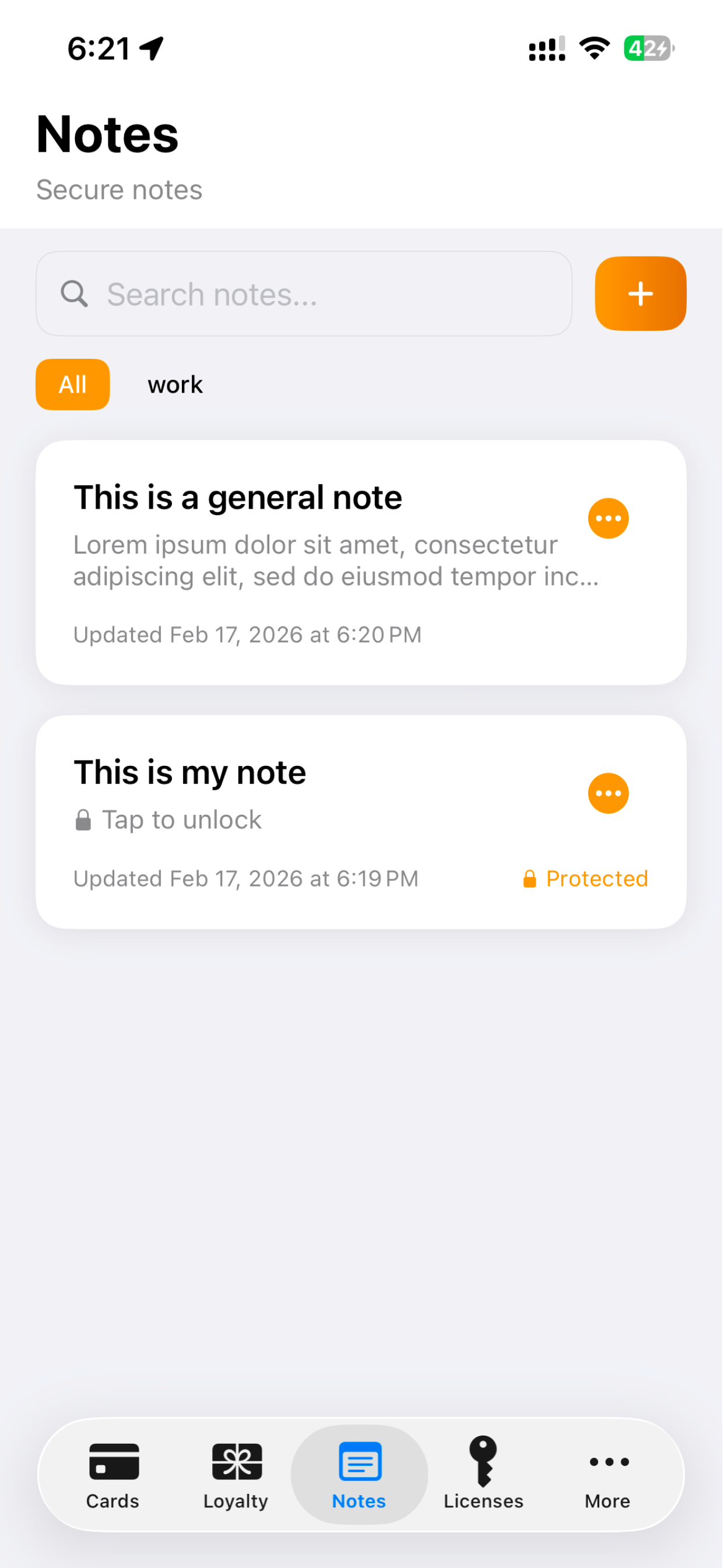CybaWallet Notes screen