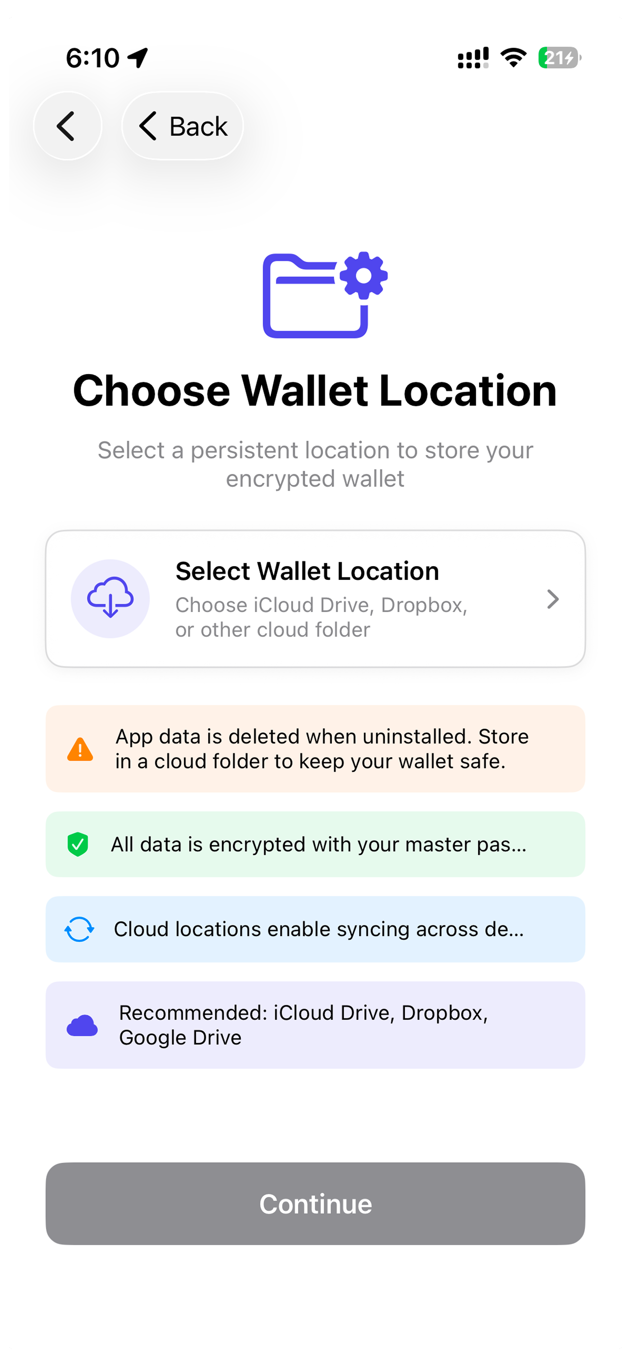CybaWallet wallet selection screen