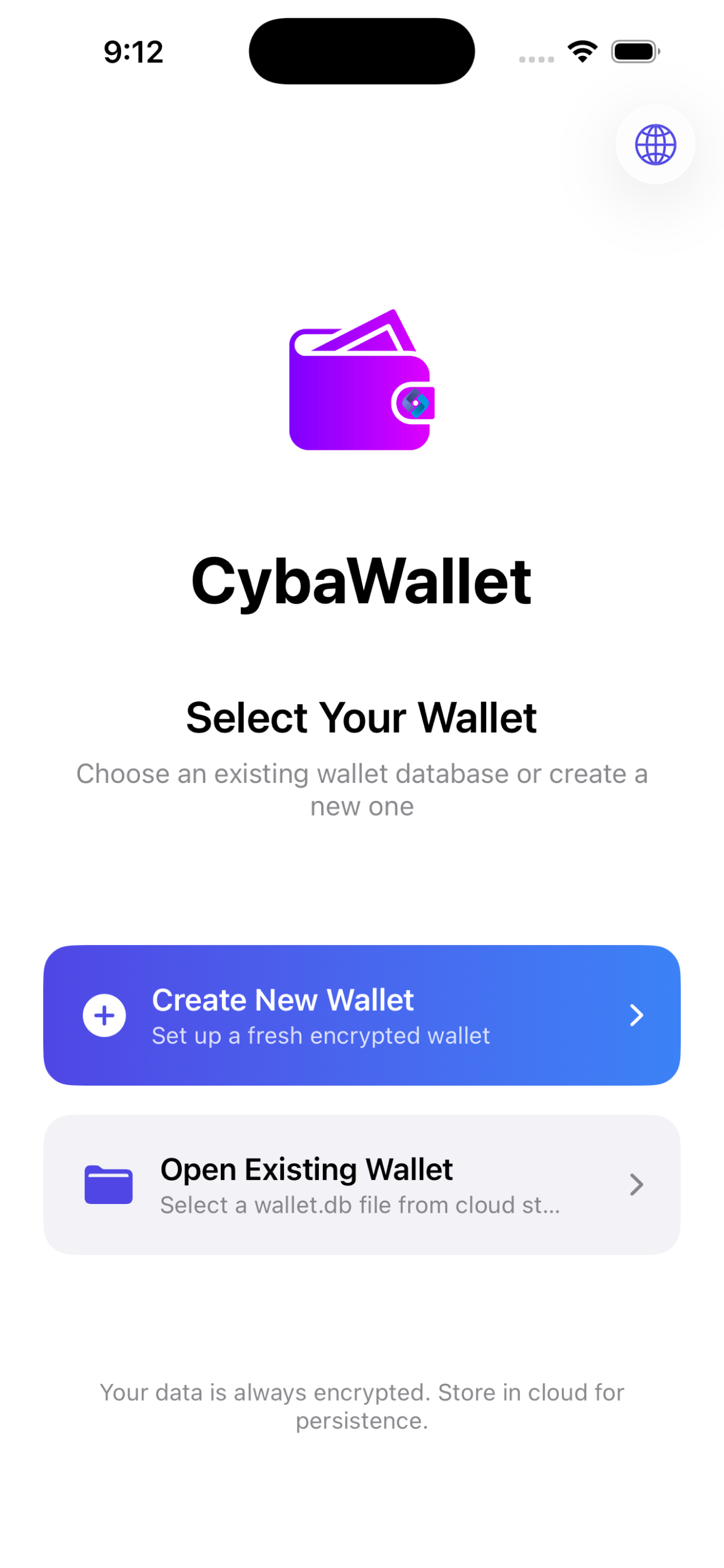 CybaWallet switch wallet screen